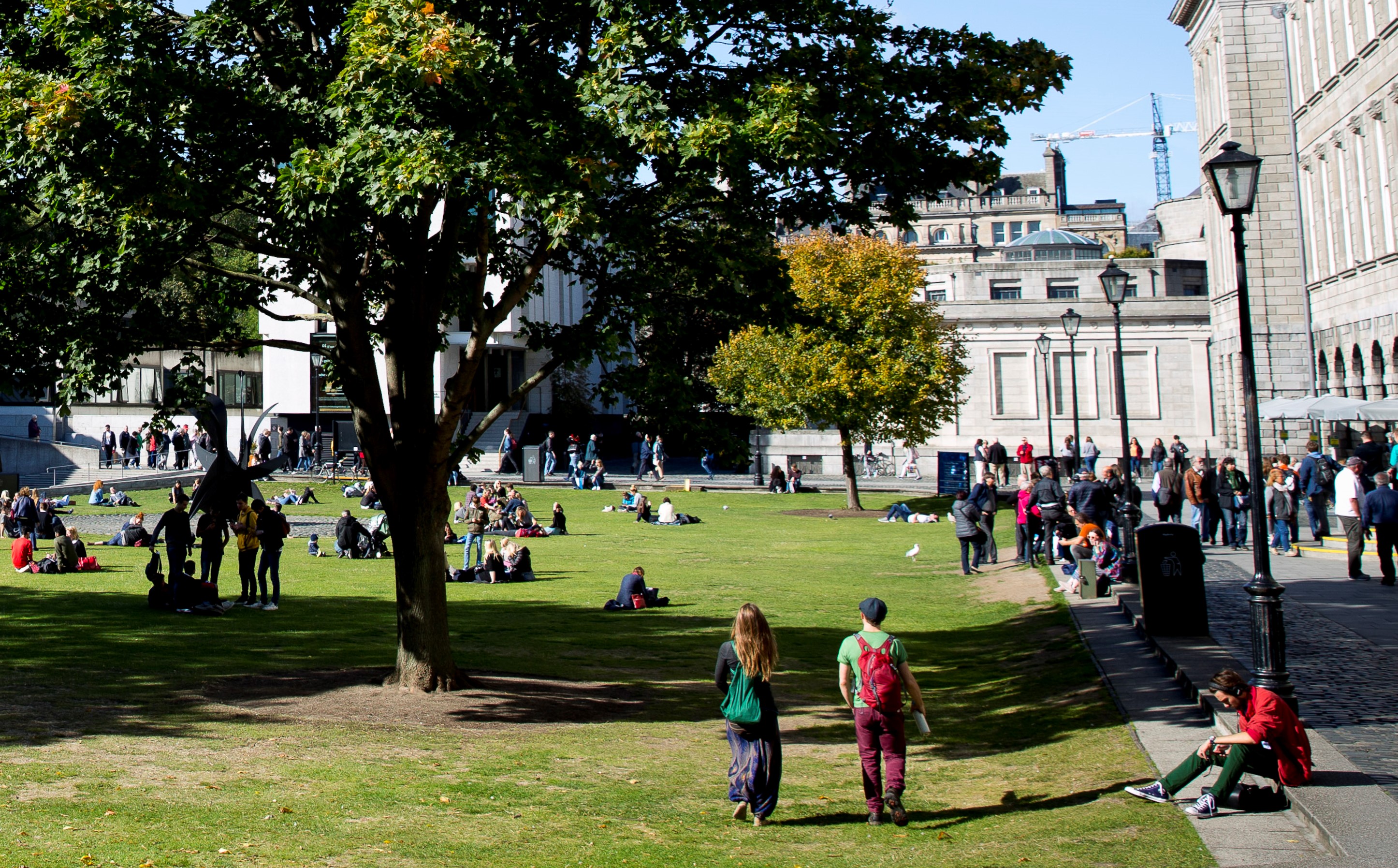 Photo showing the fellows' square of Trinity College Dublin. No building in particular is focused on